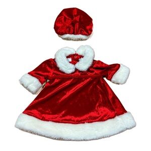 Small Wonders Red & White Velvet Santa Claus Christmas Dress & Bonnet 0-3M